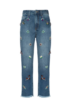 CALÇA BORDADA DESFIADA ENJOY DENIM AZUL JEANS
