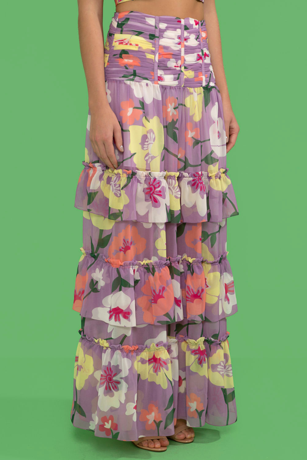 SAIA LONGA FRANZIDO RETRÔ FLOWER LILAS