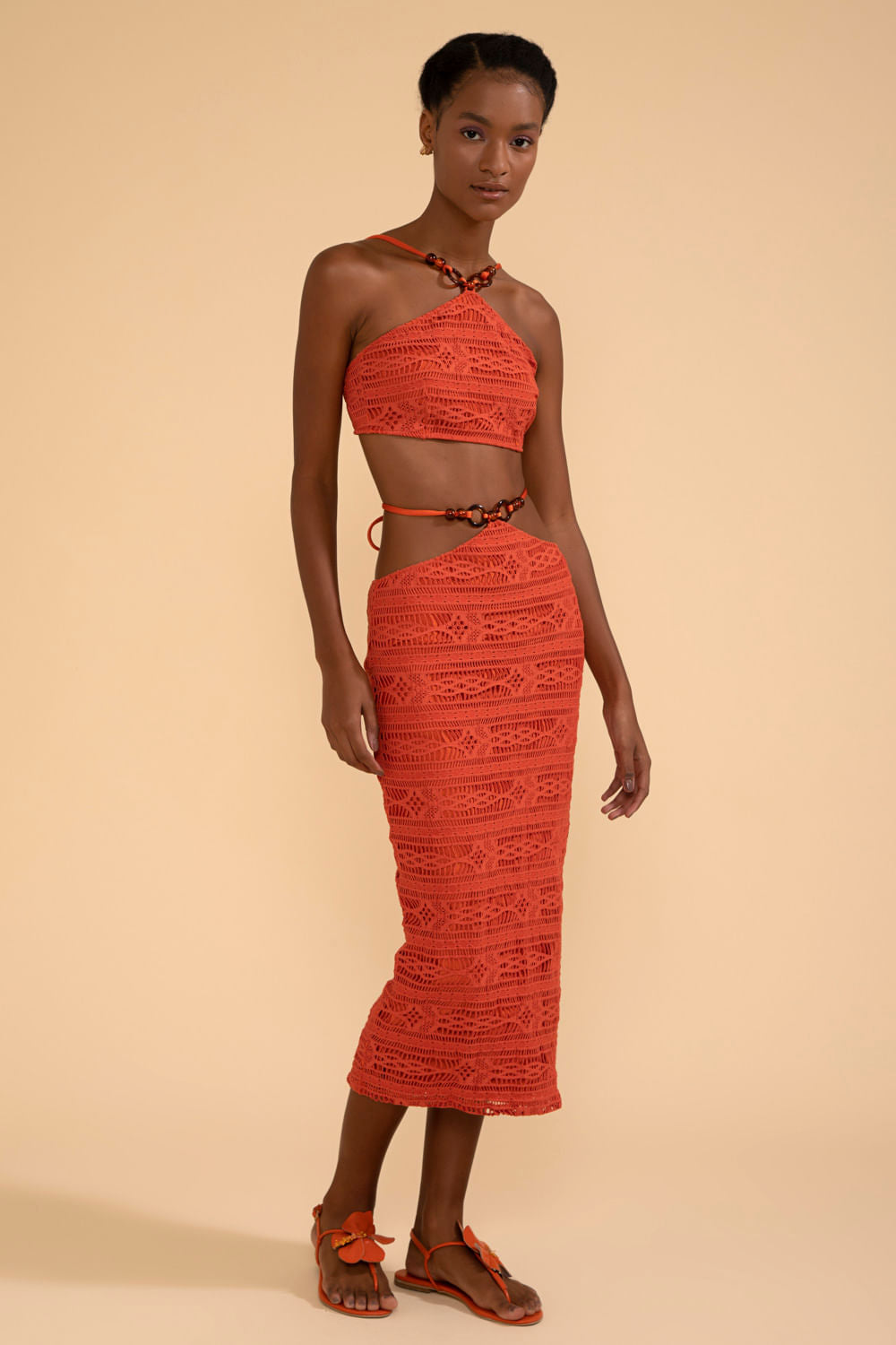 SAIA MÍDI ARGOLAS LYCRA APRICOT LARANJA