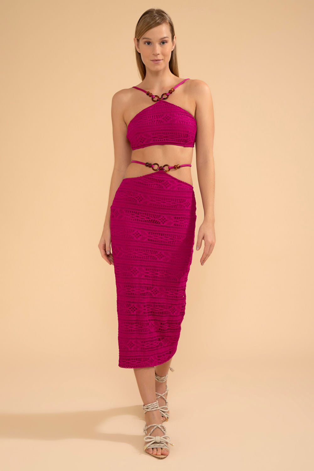 VESTIDO MÍDI FRENTE ÚNICA LYCRA APRICOT PINK