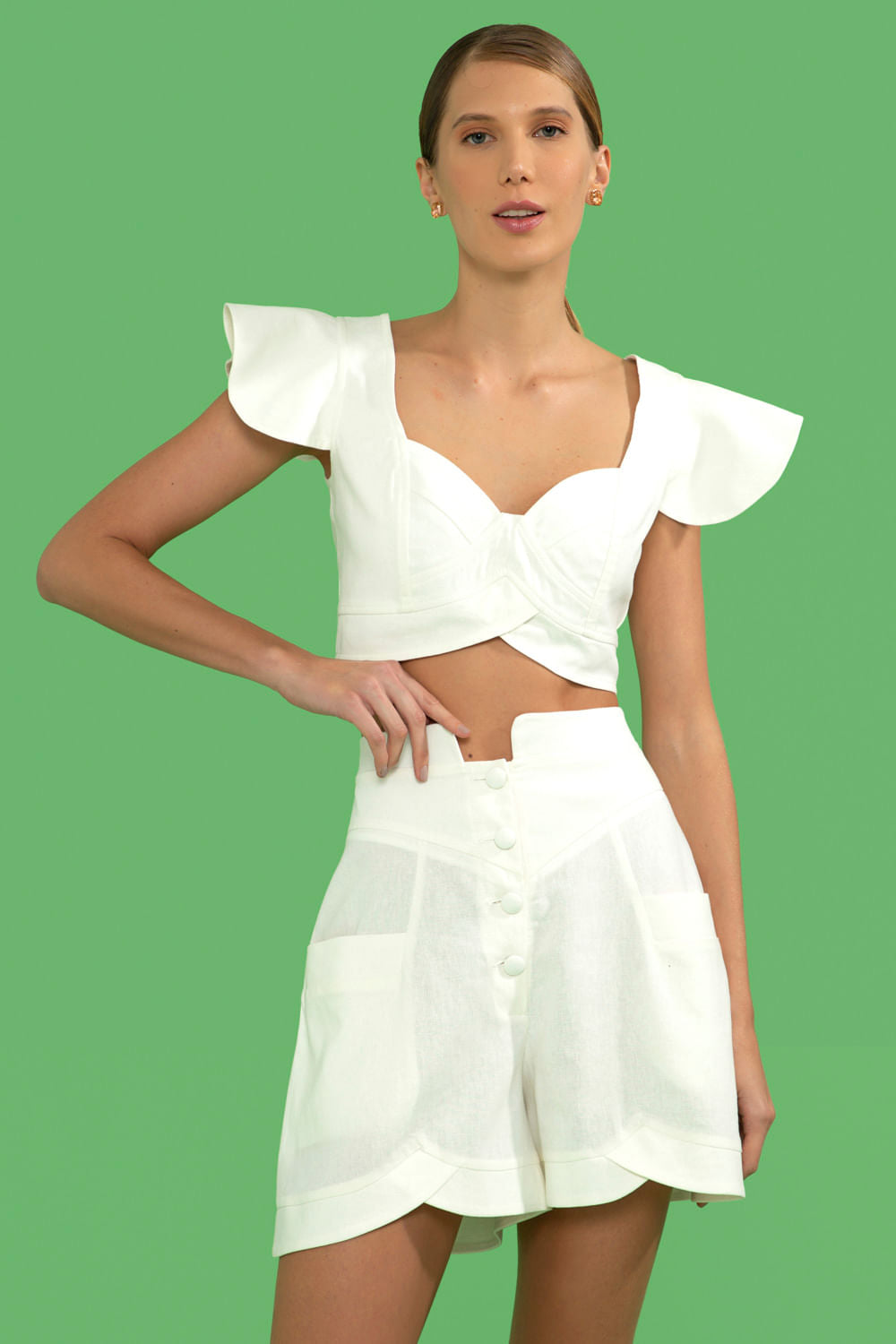 TOP CROPPED MANGA BABADO LINHO FRENCH OFF WHITE