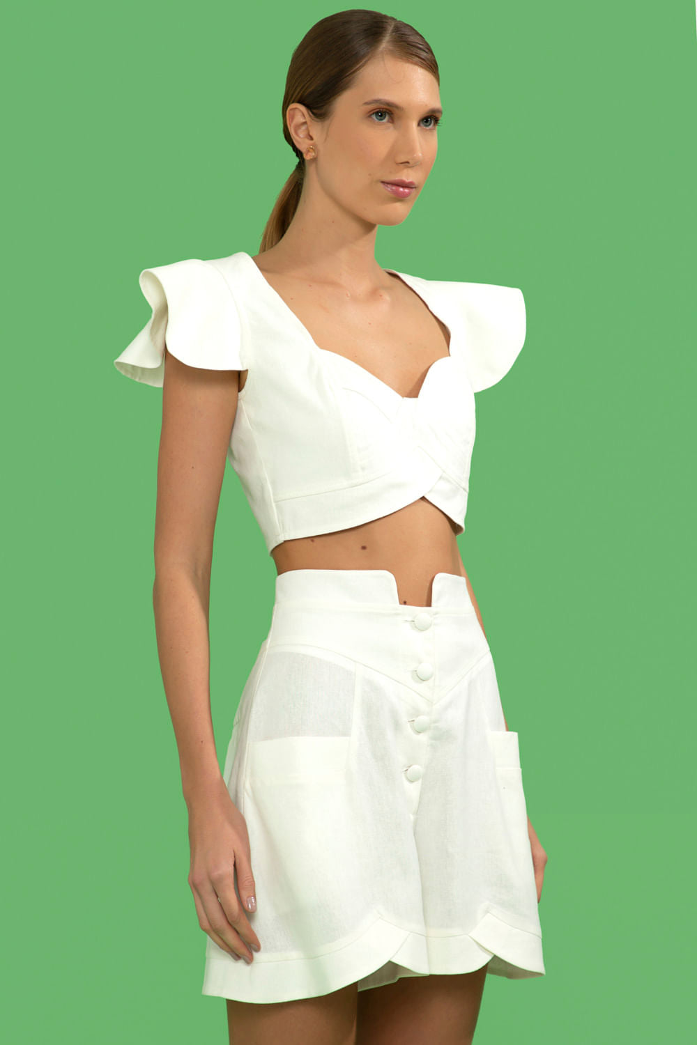 TOP CROPPED MANGA BABADO LINHO FRENCH OFF WHITE