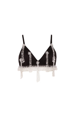 TOP BORDADO FRANJA CREPE CRYSTAL PRETO