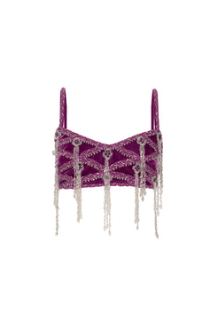 Top cropped bordado veludo crystal roxo