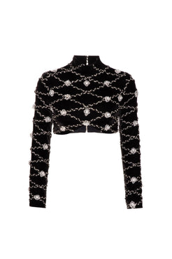 TOP CROPPED MANGA LONGA VELUDO CRYSTAL PRETO