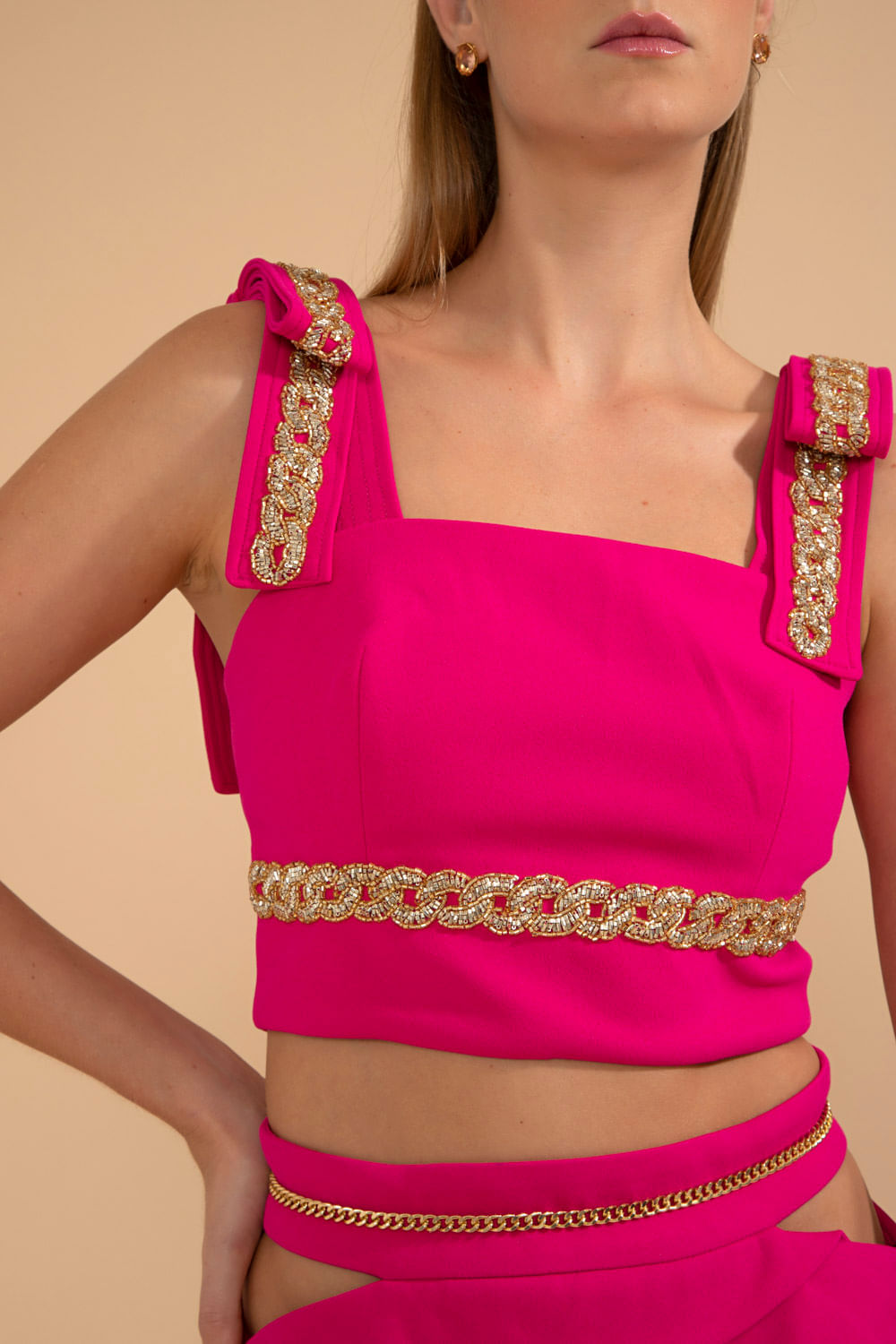 TOP CROPPED ENTREMEIO CREPE CHAIN PINK