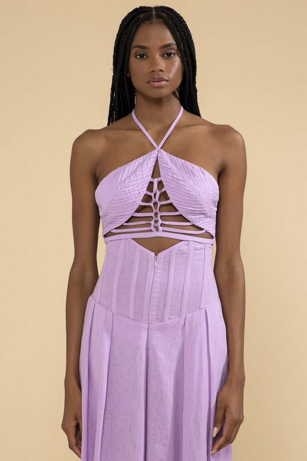 Top cropped tiras linho balneário lilas