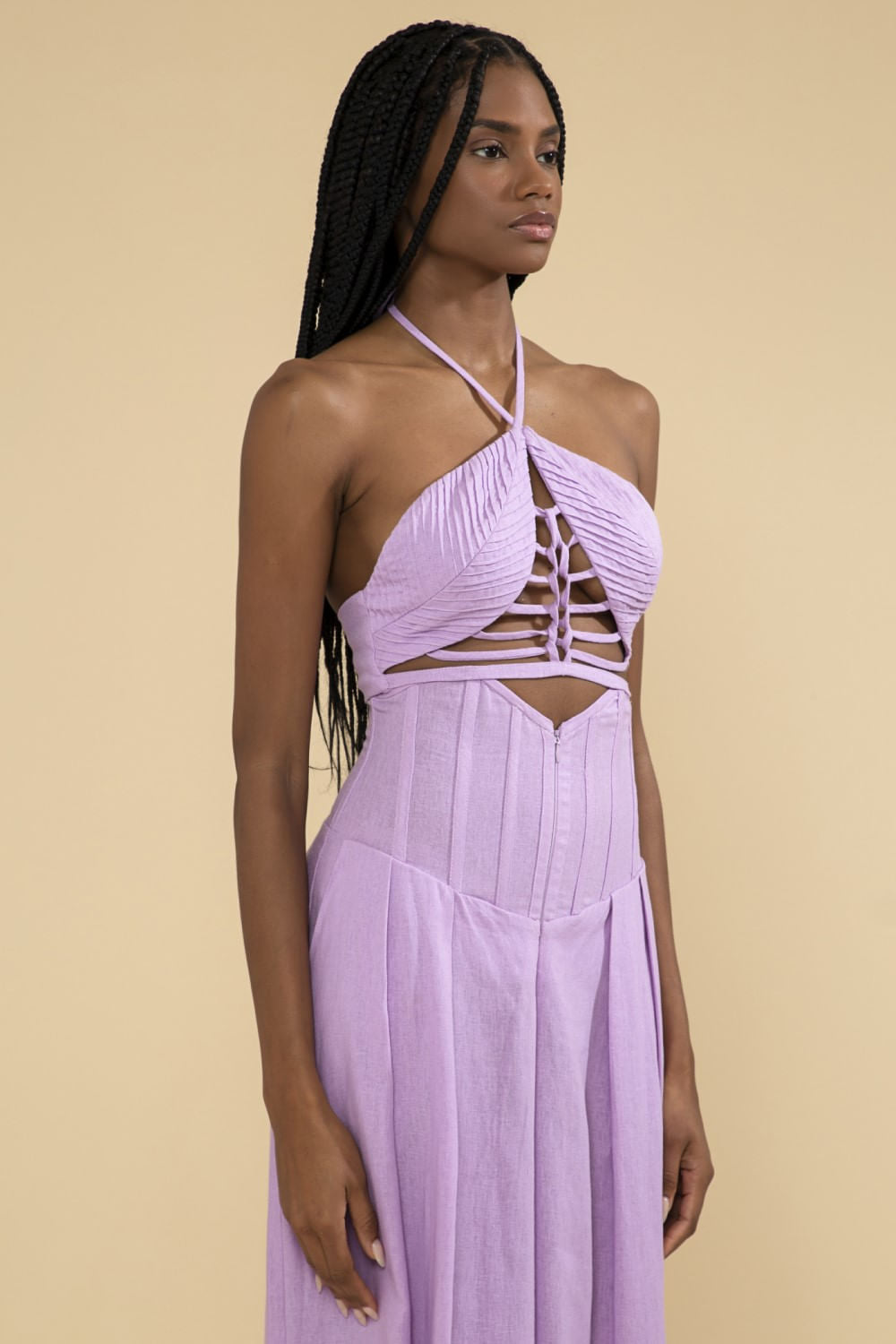 Top cropped tiras linho balneário lilas