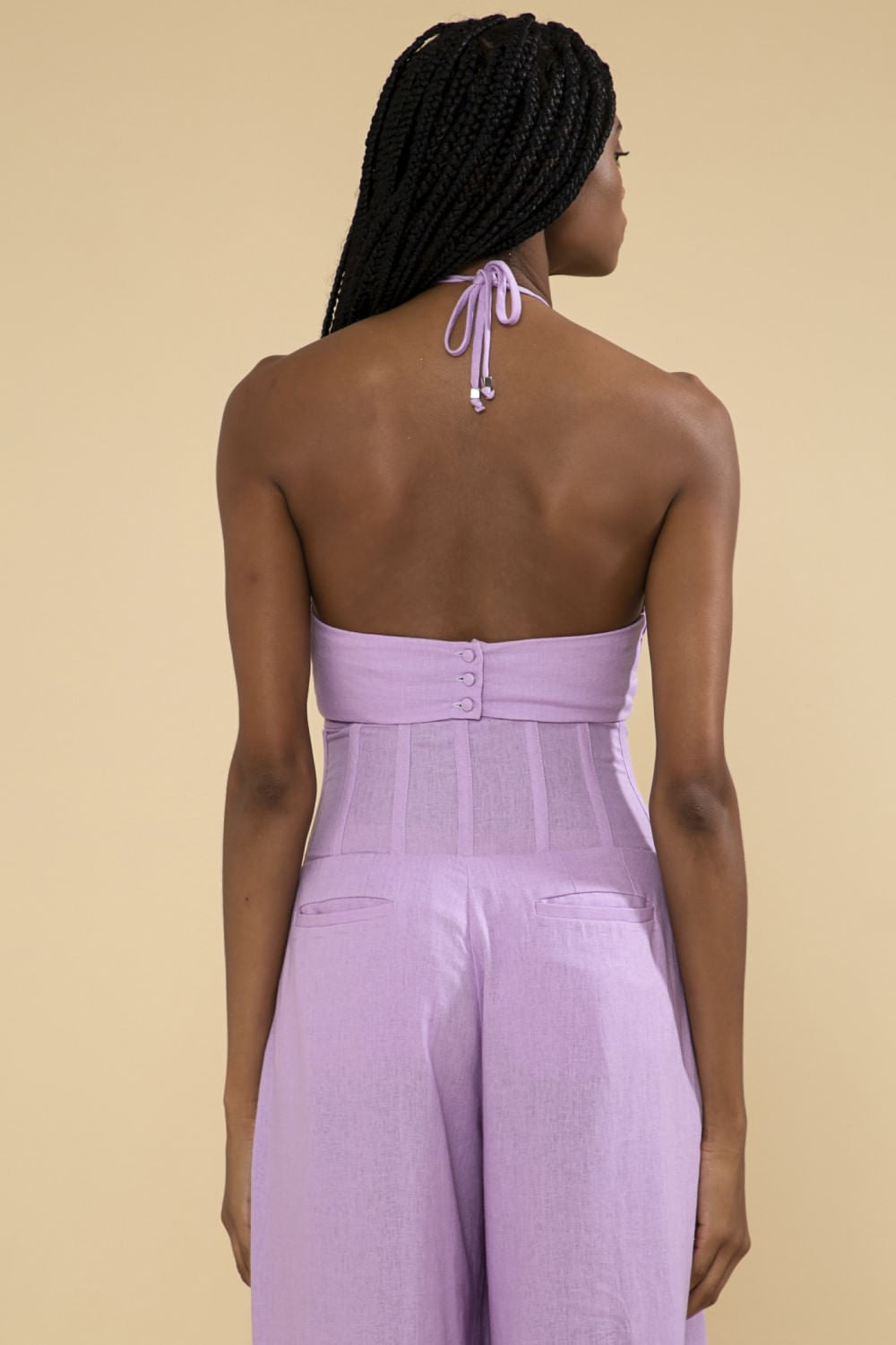 Top cropped tiras linho balneário lilas