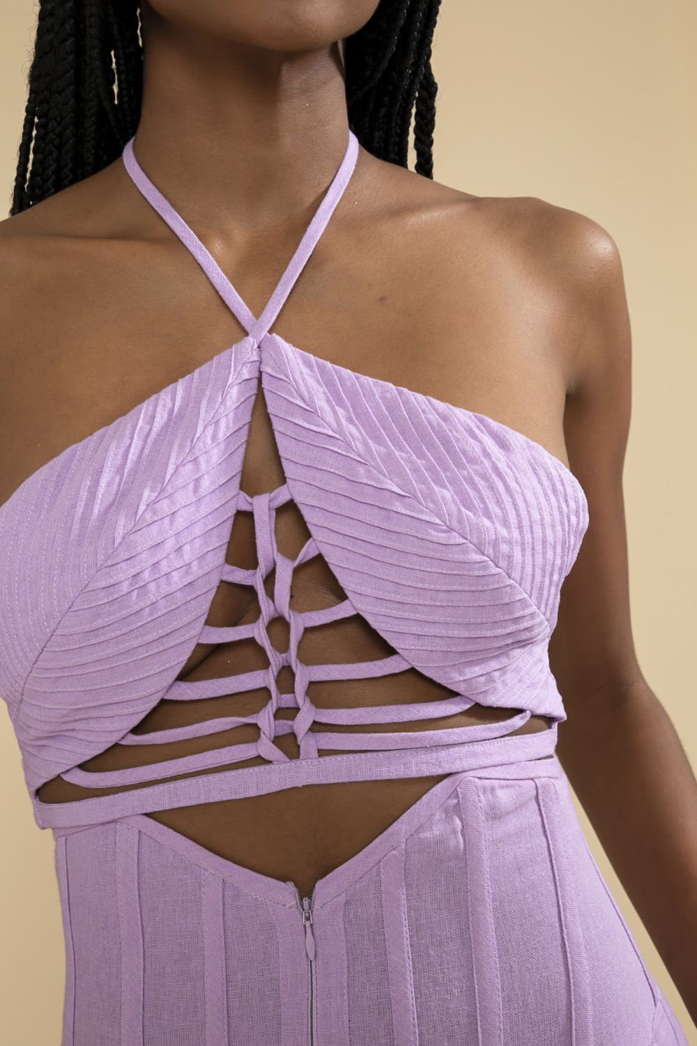 Top cropped tiras linho balneário lilas