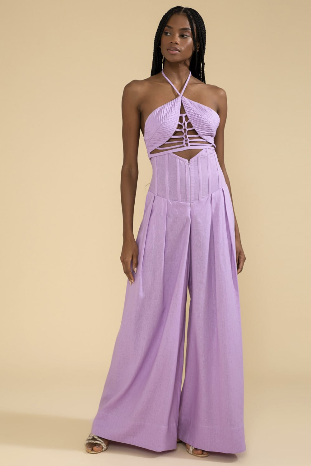 VESTIDO CURTO TIRAS LINHO BALNEÁRIO LILAS