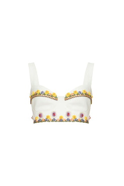 Top liso bordado retrô flower off white