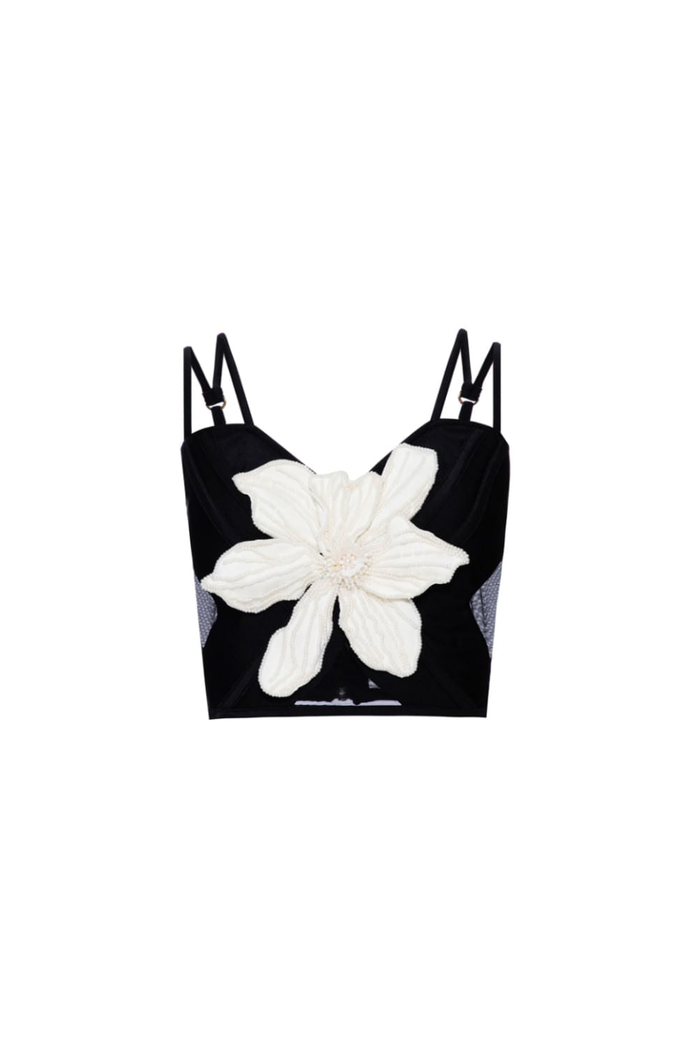 TOP CROPPED FLOR BORDADA LYCRA JACKIE PRETO