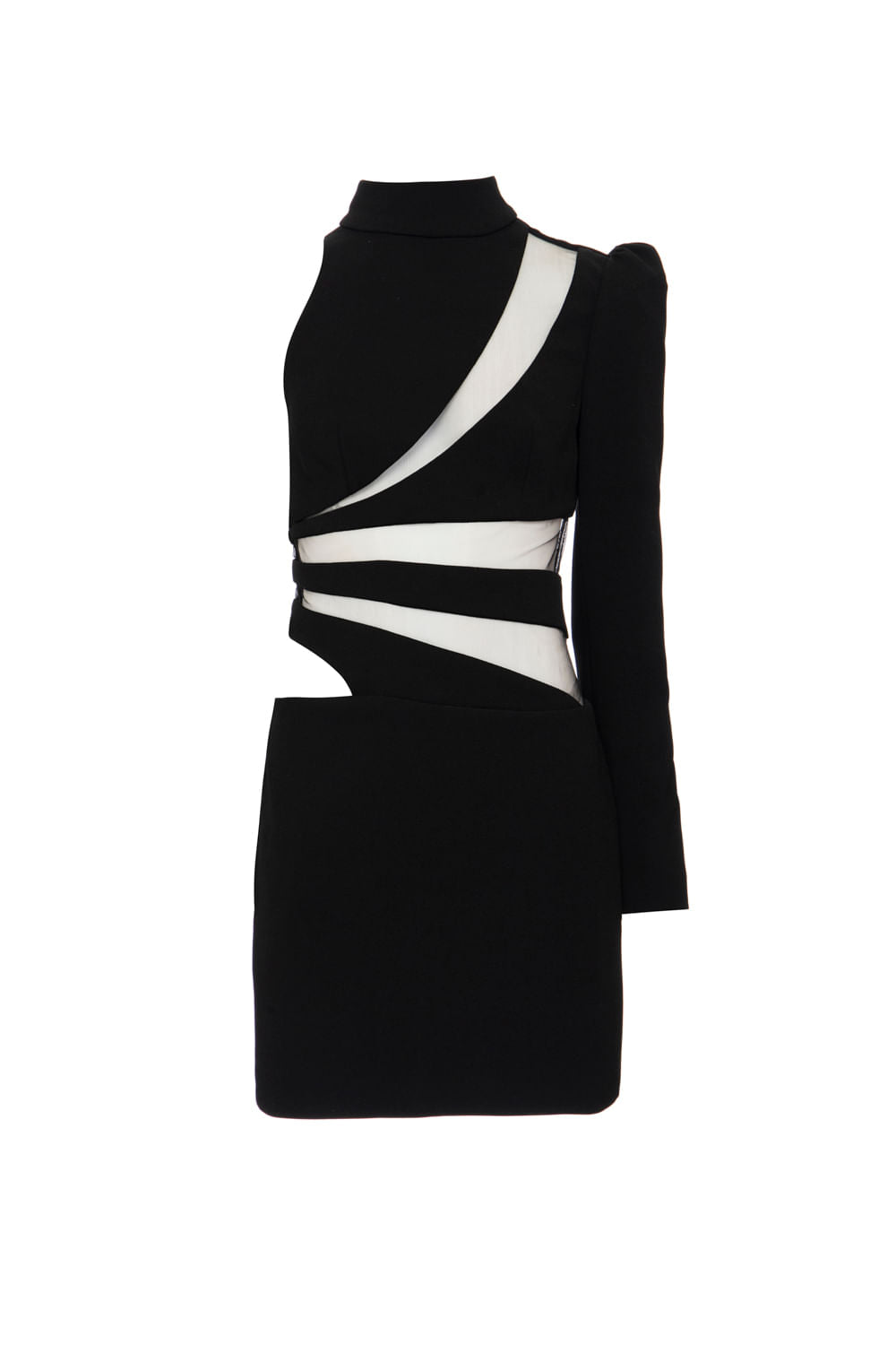 VESTIDO CURTO MANGA ÚNICA CREPE CRYSTAL PRETO