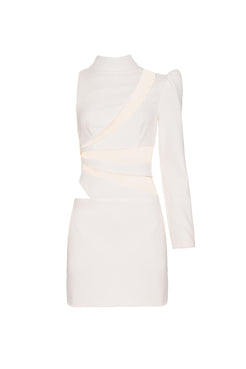 VESTIDO CURTO MANGA ÚNICA CREPE CRYSTAL OFF WHITE