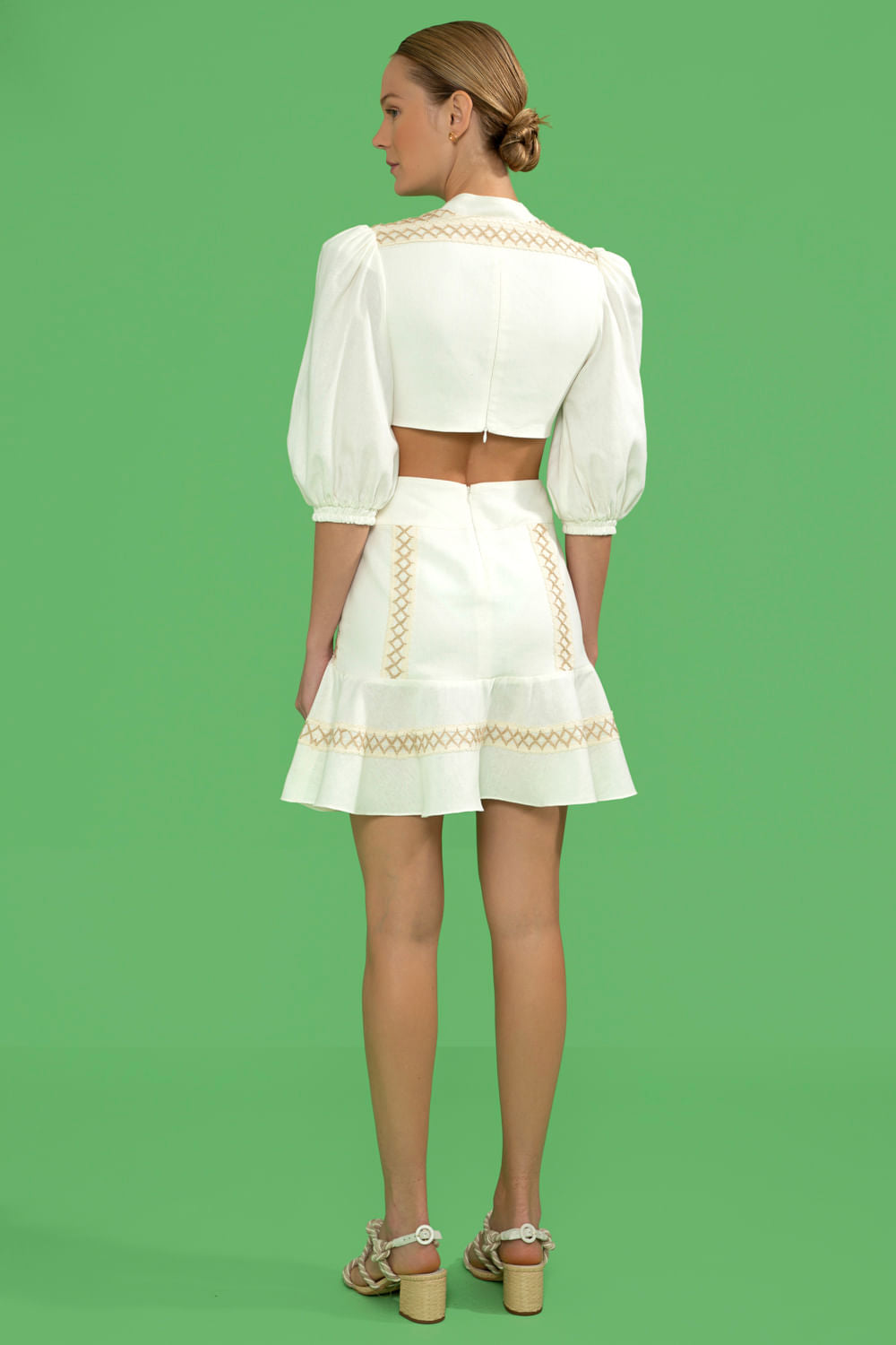 VESTIDO CURTO RECORTES LINHO FRENCH OFF WHITE