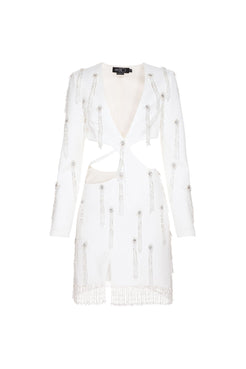 Vestido curto bordado manga longa crepe crystal off white