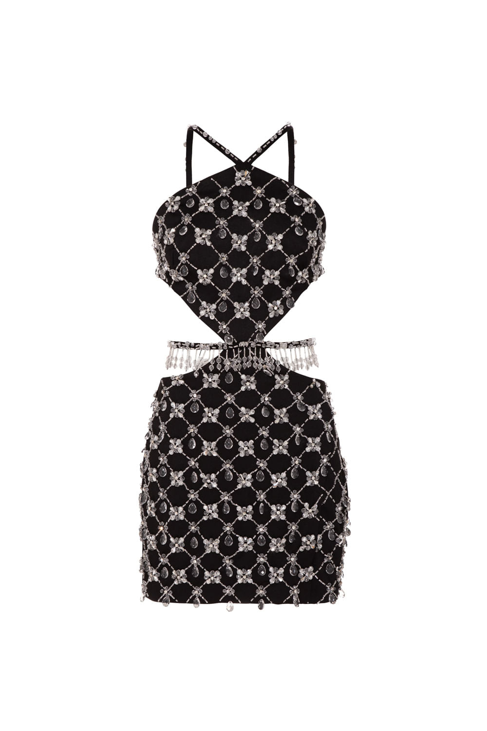 VESTIDO CURTO BORDADO FRENTE ÚNICA CREPE CRYSTAL PRETO