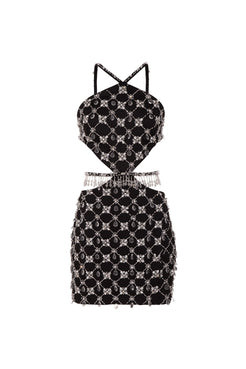 Vestido curto bordado frente única crepe crystal preto