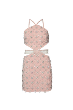 Vestido curto bordado frente única crepe crystal nude