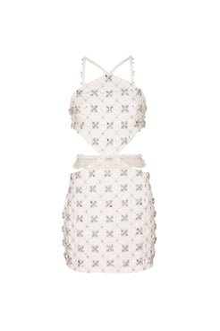 Vestido curto bordado frente única crepe crystal off white