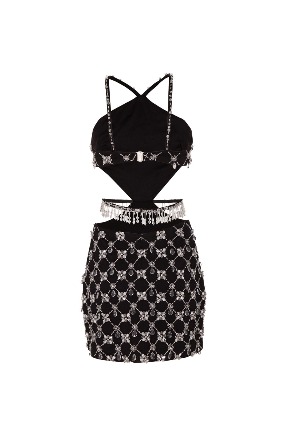 Vestido curto bordado frente única crepe crystal preto