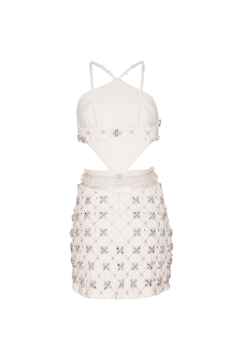 VESTIDO CURTO BORDADO FRENTE ÚNICA CREPE CRYSTAL OFF WHITE