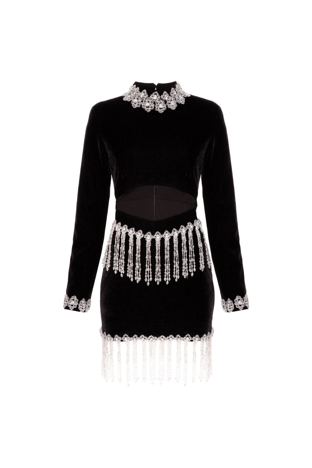 VESTIDO CURTO VAZADO VELUDO CRYSTAL PRETO