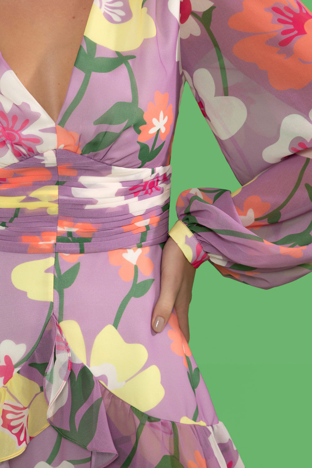 VESTIDO CURTO MANGA LONGA RETRÔ FLOWER LILAS