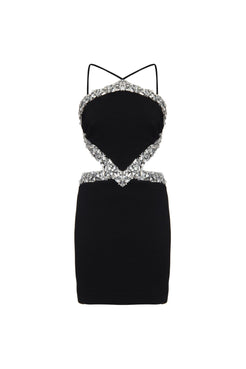 Vestido curto recortes pedraria crepe crystal preto