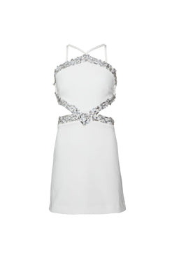Vestido curto recortes pedraria crepe crystal off white