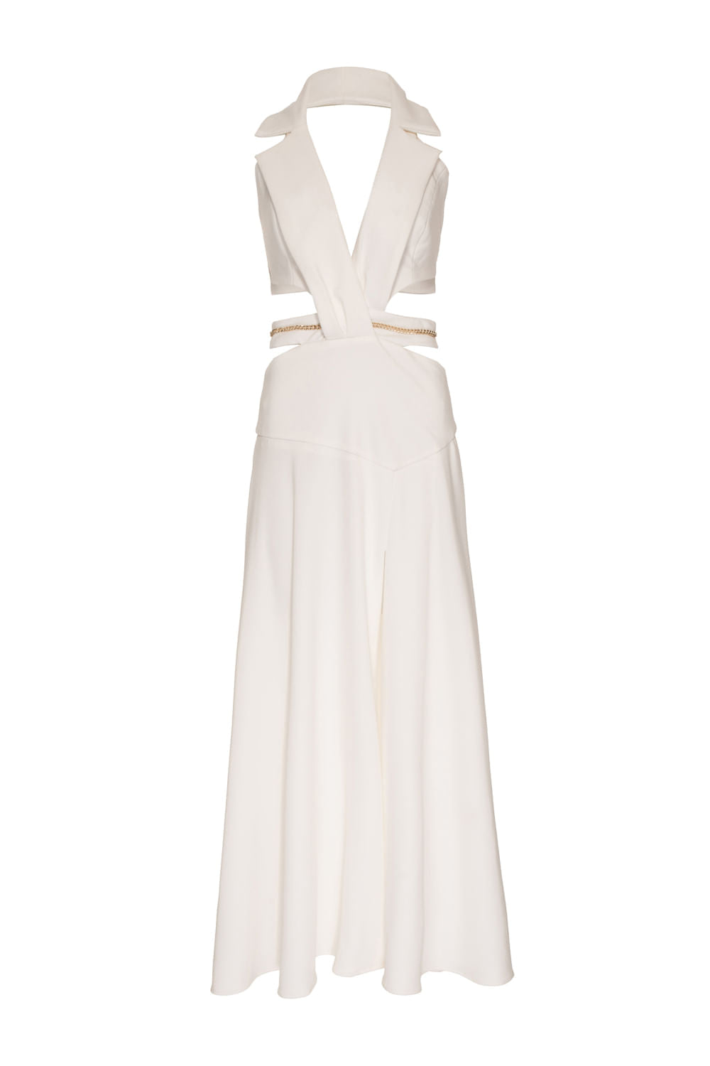 VESTIDO LONGO DECOTE PALA CREPE CHAIN OFF WHITE