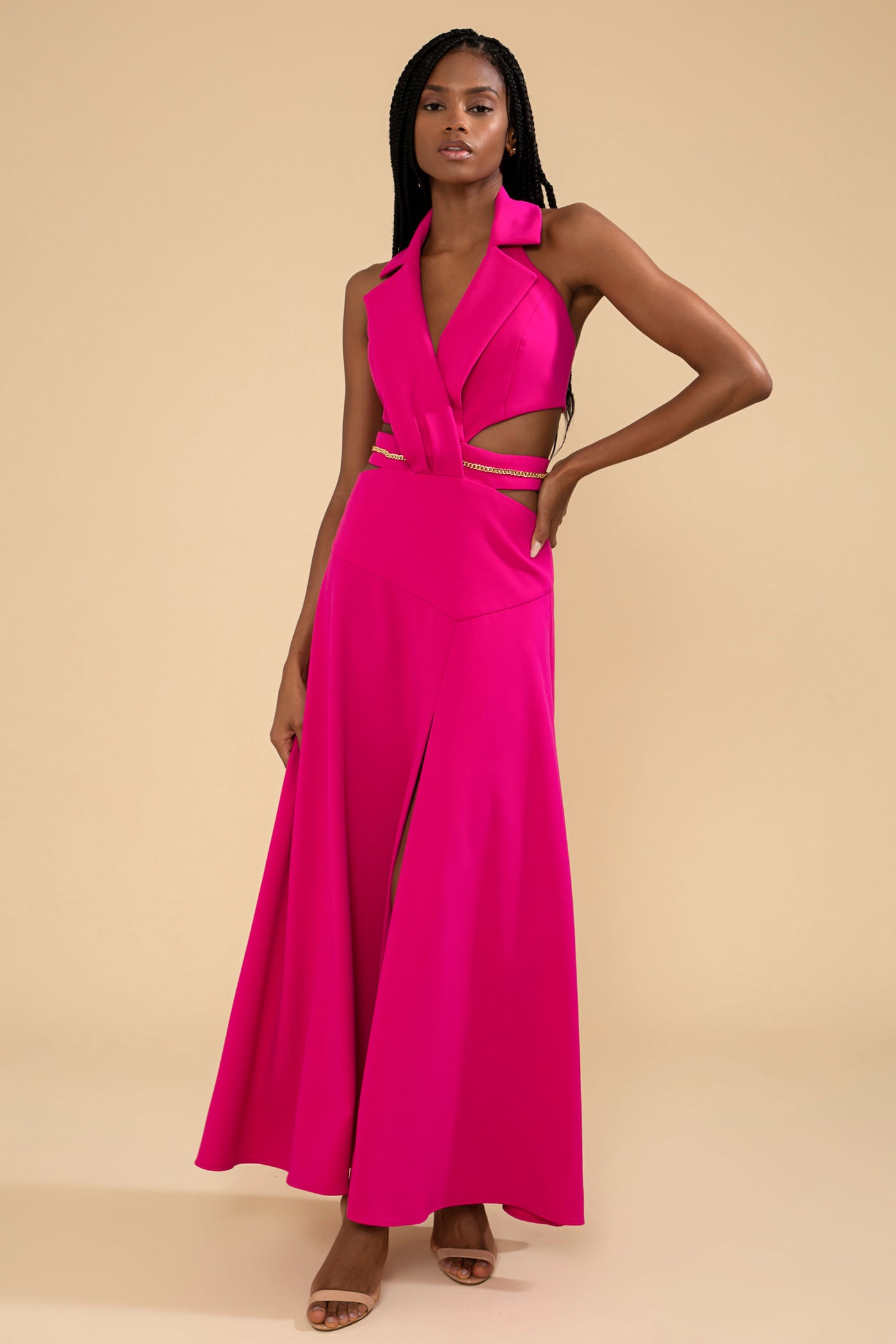VESTIDO LONGO DECOTE PALA CREPE CHAIN PINK