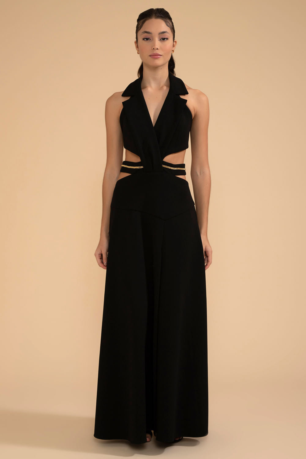 VESTIDO LONGO DECOTE PALA CREPE CHAIN PRETO