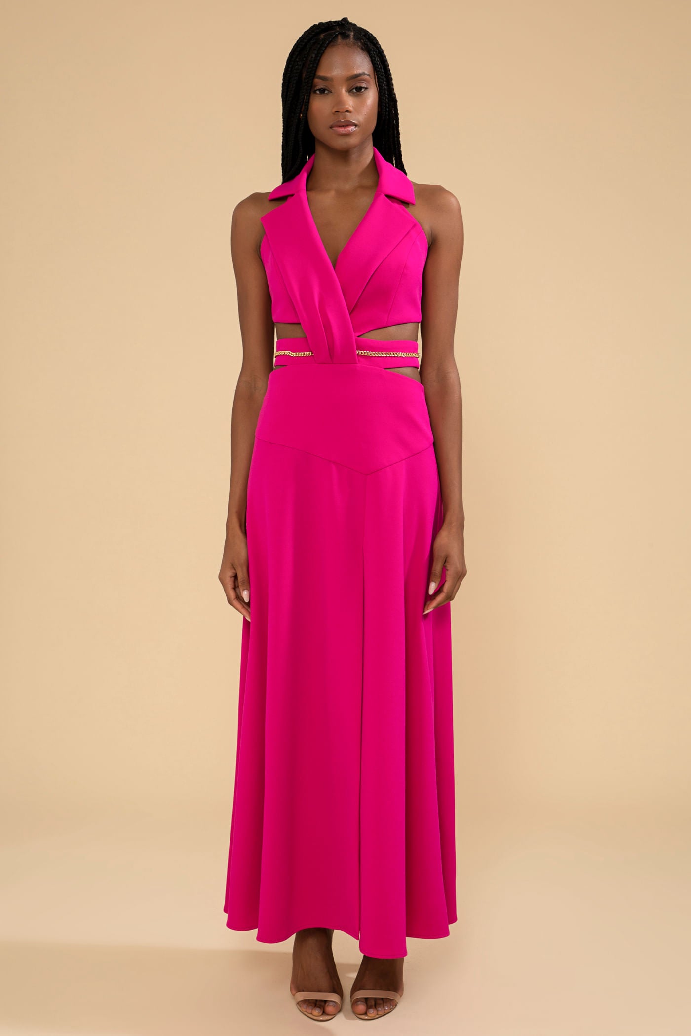 VESTIDO LONGO DECOTE PALA CREPE CHAIN PINK
