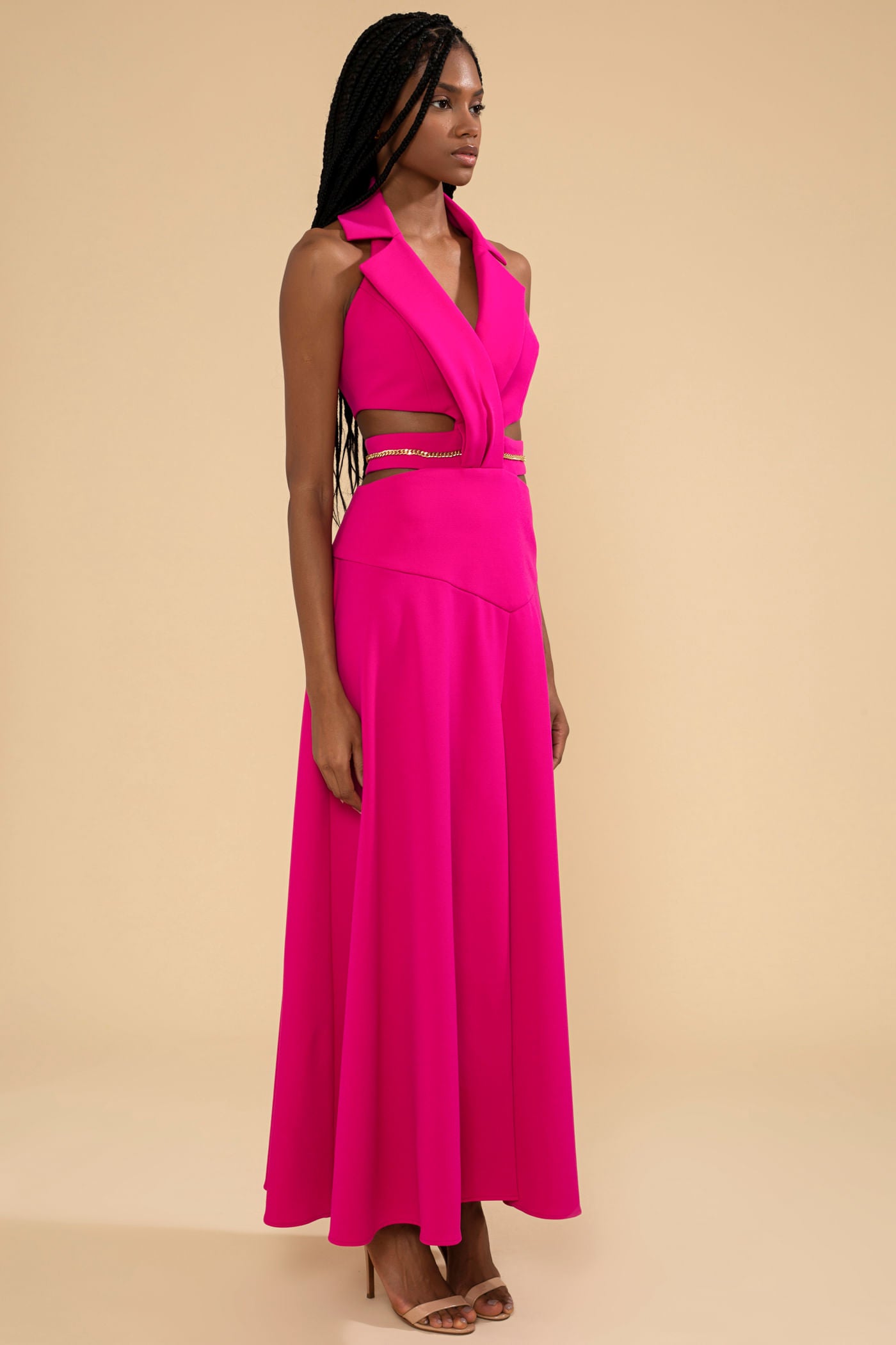 VESTIDO LONGO DECOTE PALA CREPE CHAIN PINK
