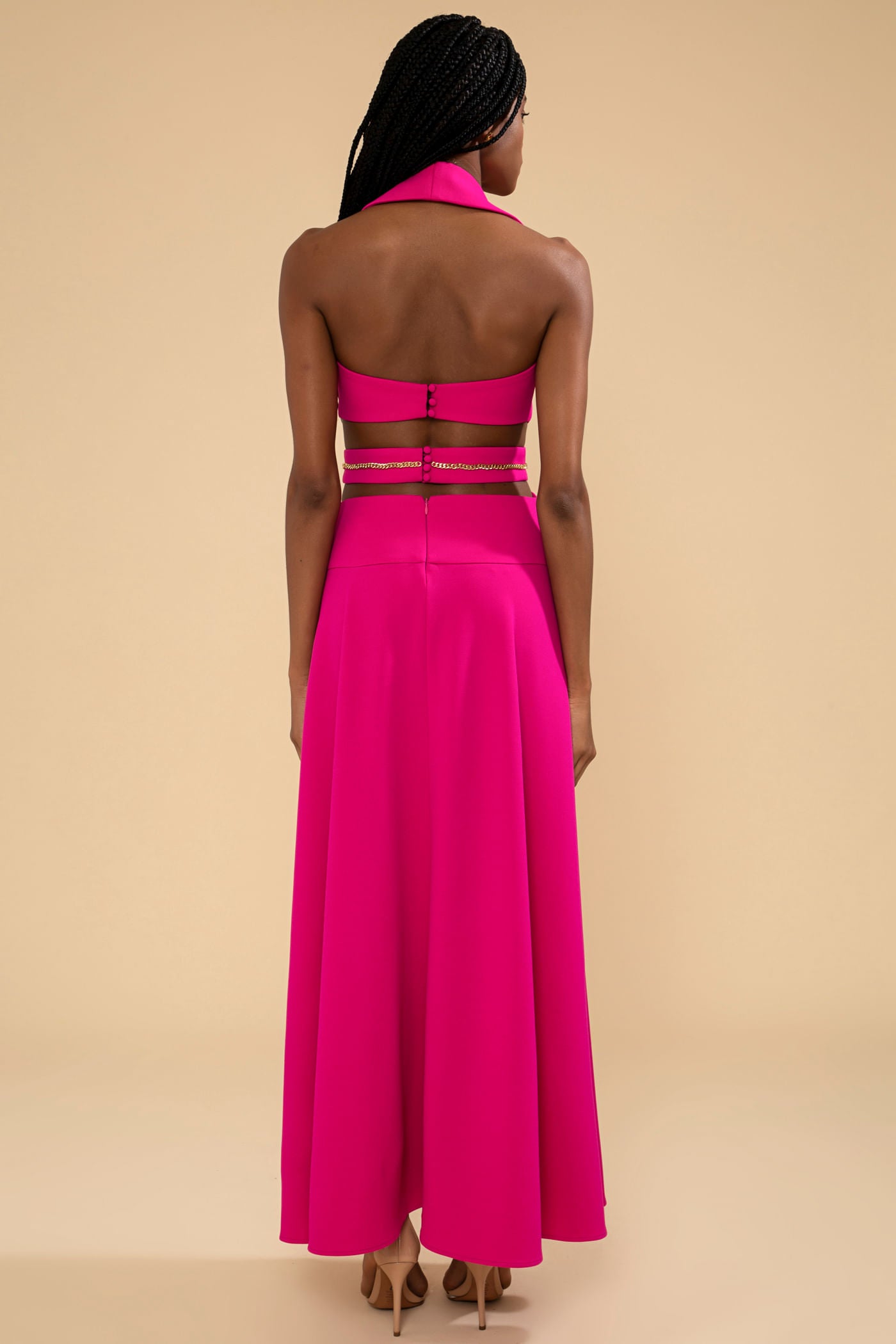 VESTIDO LONGO DECOTE PALA CREPE CHAIN PINK