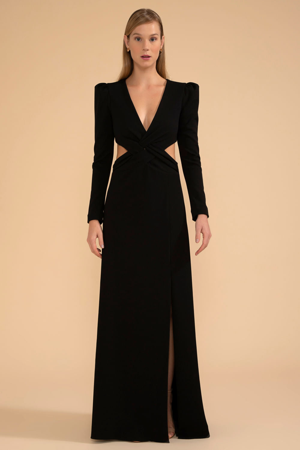 VESTIDO LONGO DECOTE TRANÇADO CREPE CHAIN PRETO