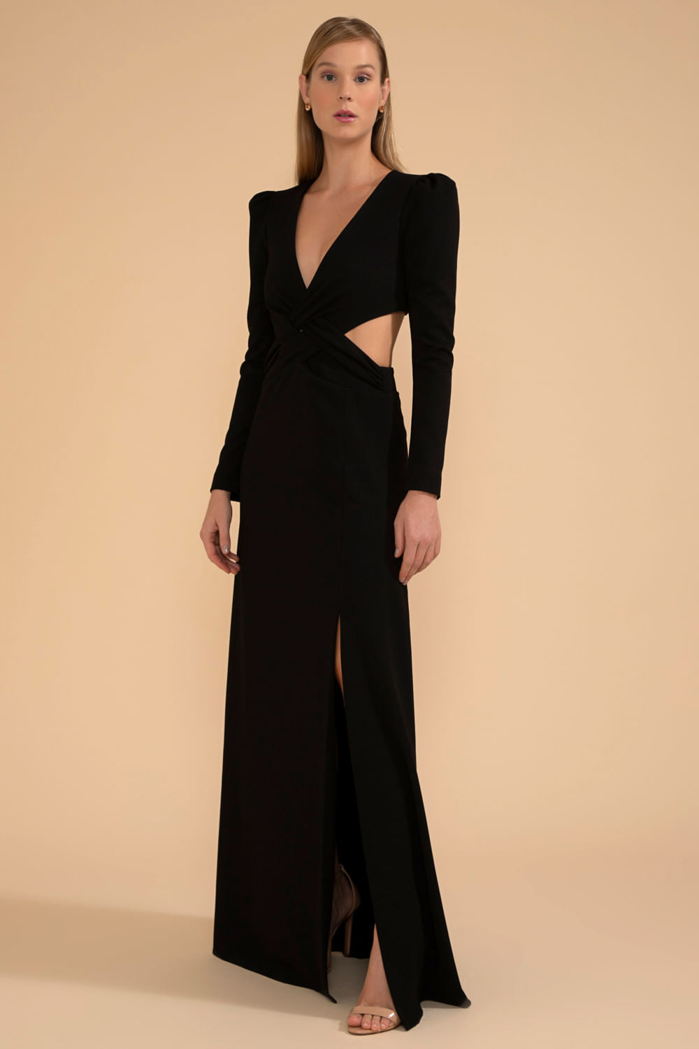 VESTIDO LONGO DECOTE TRANÇADO CREPE CHAIN PRETO