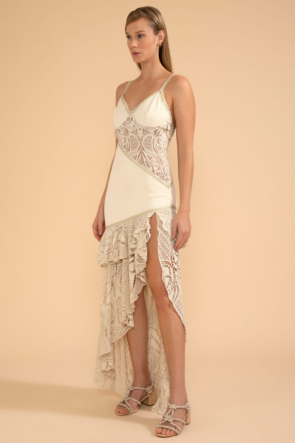 VESTIDO LONGO FENDA ASSIMÉTRICO MALHA BASEL OFF WHITE