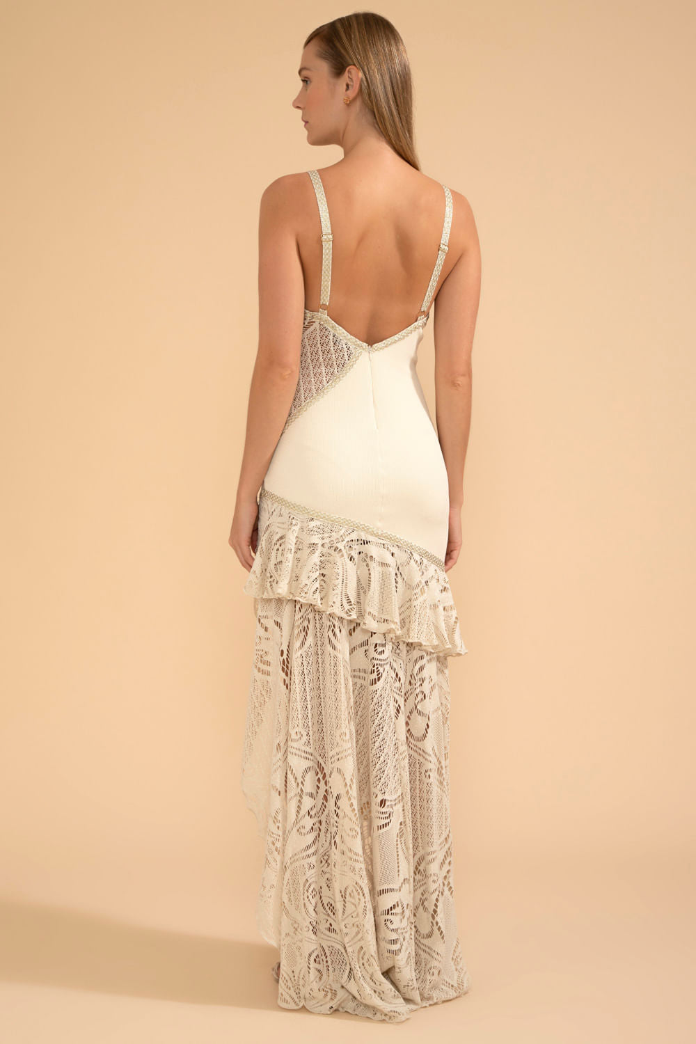 VESTIDO LONGO FENDA ASSIMÉTRICO MALHA BASEL OFF WHITE