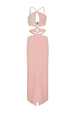 Vestido longo busto bordado crepe crystal nude