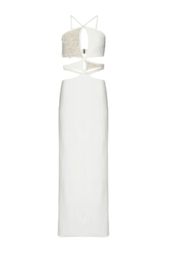 Vestido longo busto bordado crepe crystal off white