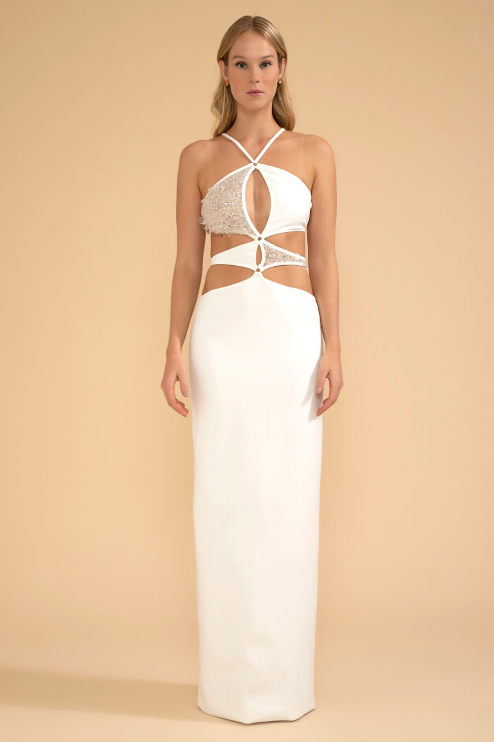 Vestido longo busto bordado crepe crystal off white