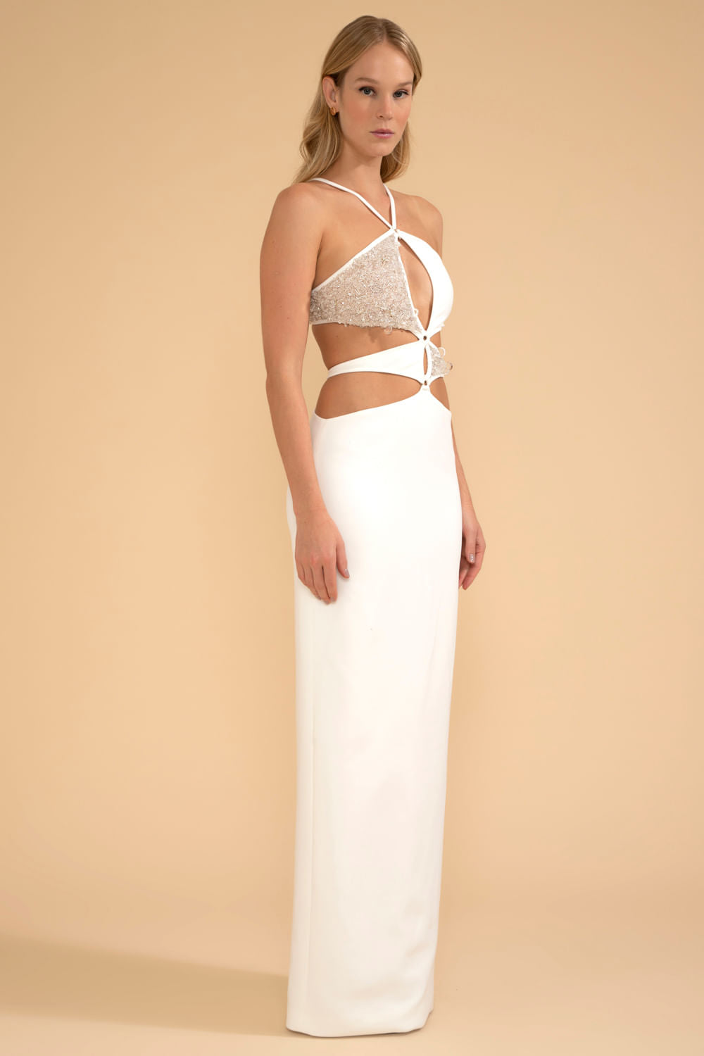 Vestido longo busto bordado crepe crystal off white