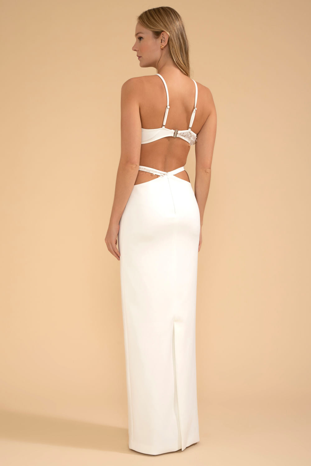 Vestido longo busto bordado crepe crystal off white