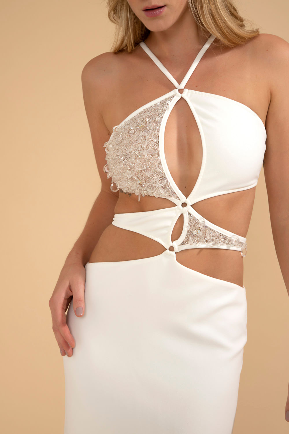 Vestido longo busto bordado crepe crystal off white