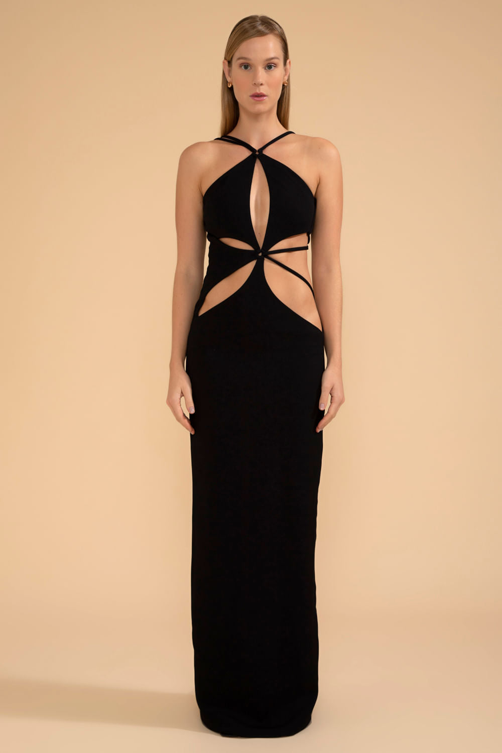 VESTIDO LONGO RECORTES FRONTAIS MALHA BASEL PRETO
