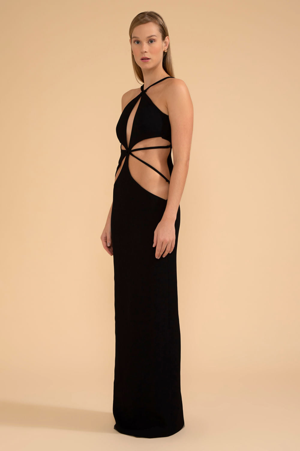 VESTIDO LONGO RECORTES FRONTAIS MALHA BASEL PRETO