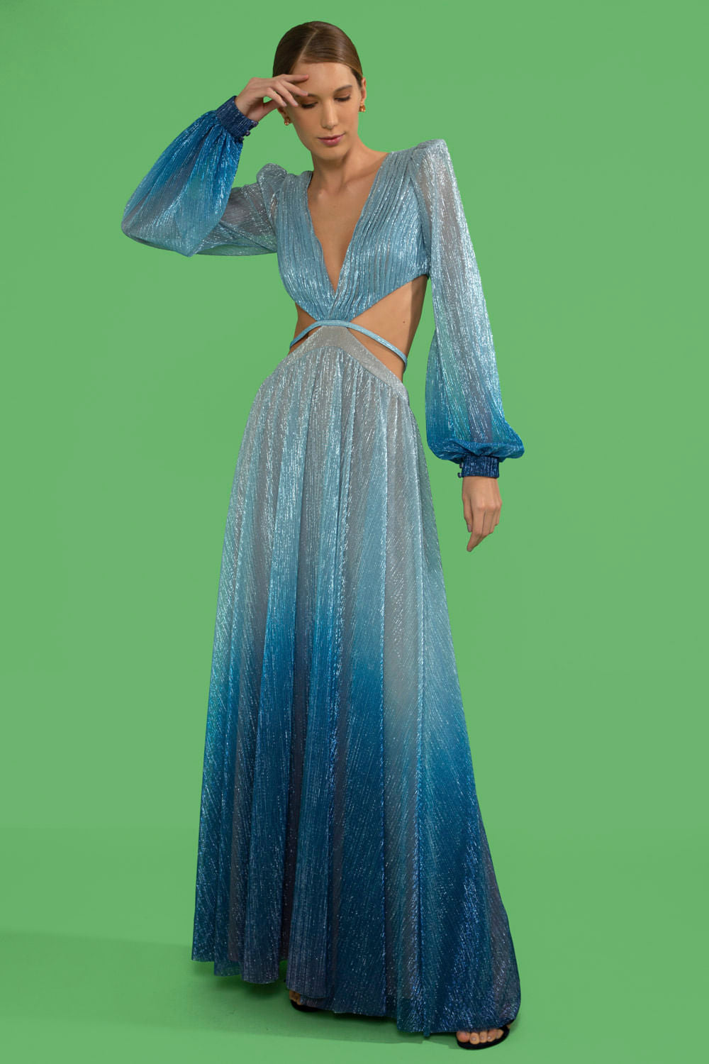 VESTIDO LONGO RECORTES LUREX TWIGGY AZUL